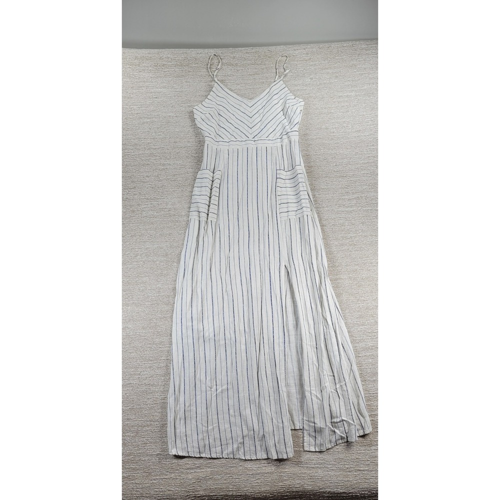 Monteau Los Angeles Linen Maxi Sundress Large White Blue Striped Rayon Slit